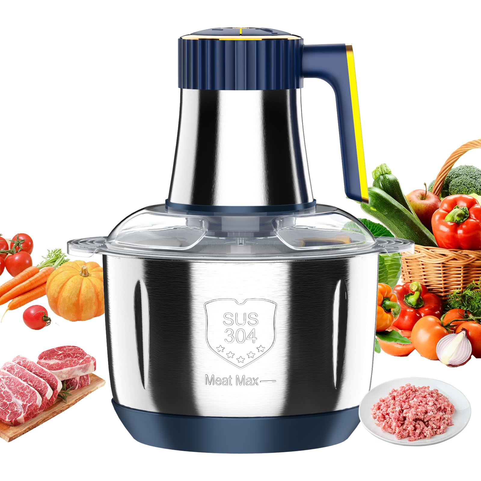 Hachoir ELectrique, 4L Mixeur Hachoir Multifonctions Inox, 5 Vitesses, Coupe Rapide en 10s, Idéal pour Hacher Toutes Sortes de Viandes, LéGumes, Fruits et éPices 500W