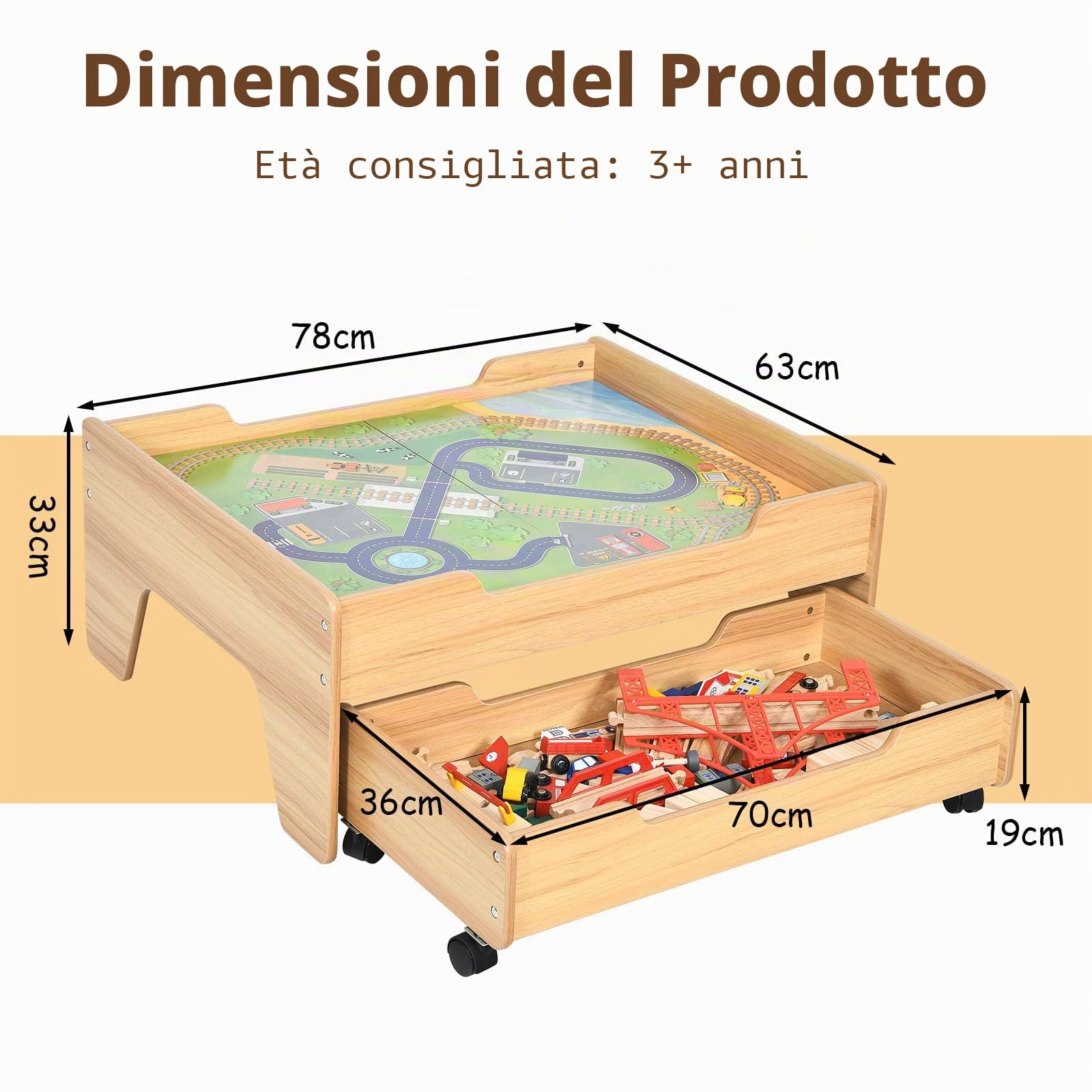 LIFEZEAL Tavolo da gioco ferrovia legno, set 100 pezzi, cassetto portaoggetti mobile, multifunzione 3 anni, costruire