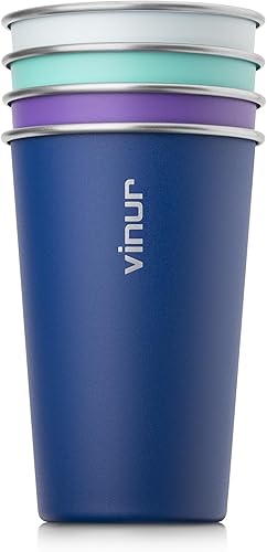 VINUR Paquete de 4 vasos de acero inoxidable de 16 onzas, vasos apilables de metal para viajes, campamento, exteriores (azul bebé, azul marino,