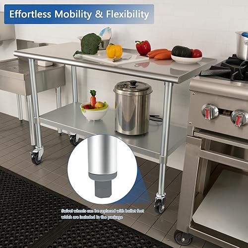 Miniatura 7 de HARDURA Mesa de acero inoxidable con ruedas de 24 x 60 pulgadas, ruedas NSF Mesa de trabajo y preparación comercial resistente con estante inferior