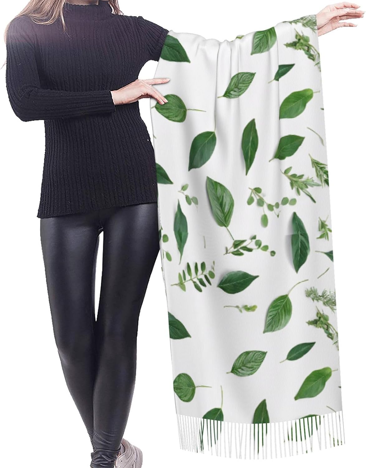 (Eucalyptus Leaves) Women's Soft Warm Scarf Large Plush Shawl Wrap with Fringe Fashion Winter Scarves for Cold Weather