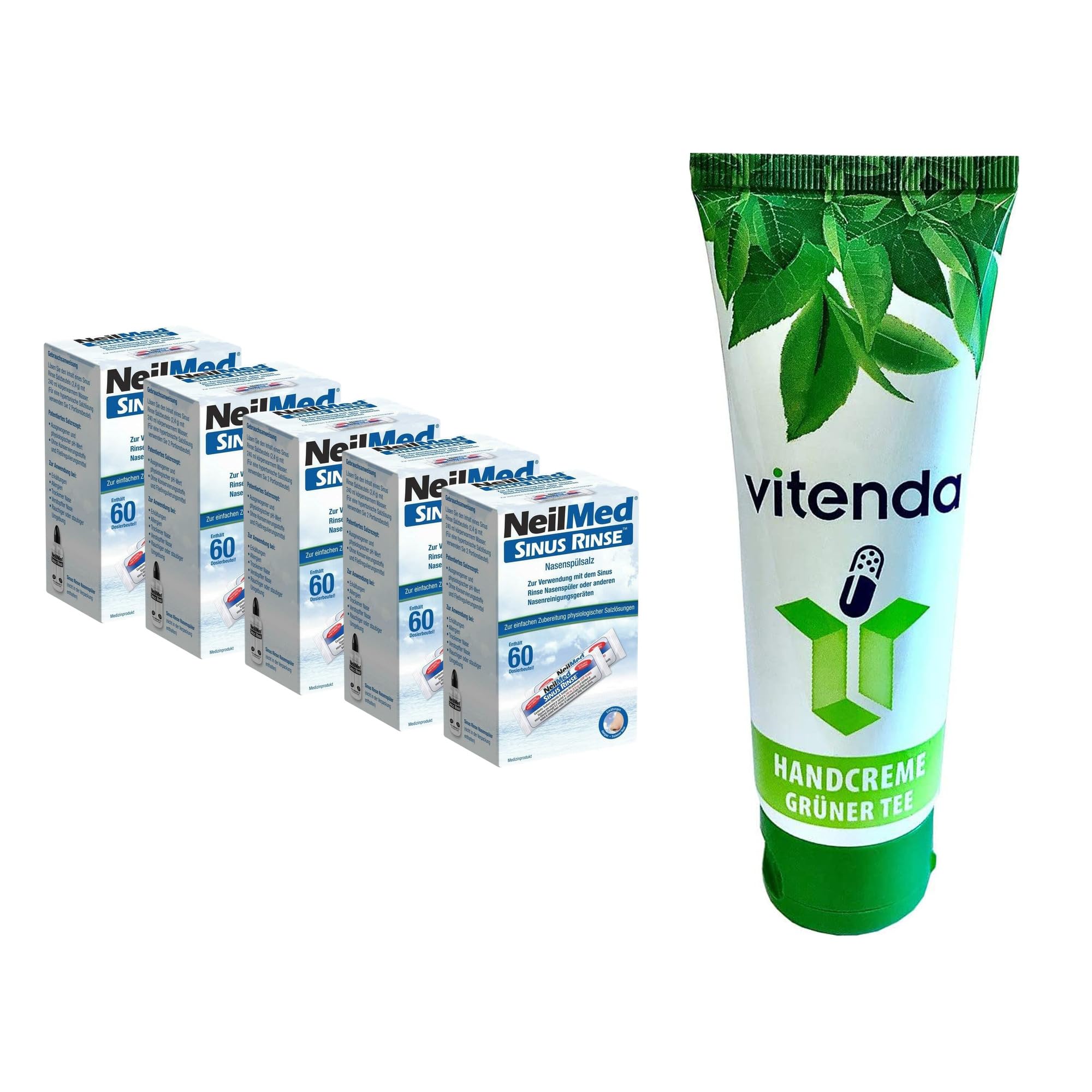 Set: Nasenspülsalz Dosierbeutel mit NeilMed zur Nasenspülung bei Erkältung, Allergie & trockener Nase, 5x60Stk – inkl. vitenda Handcreme