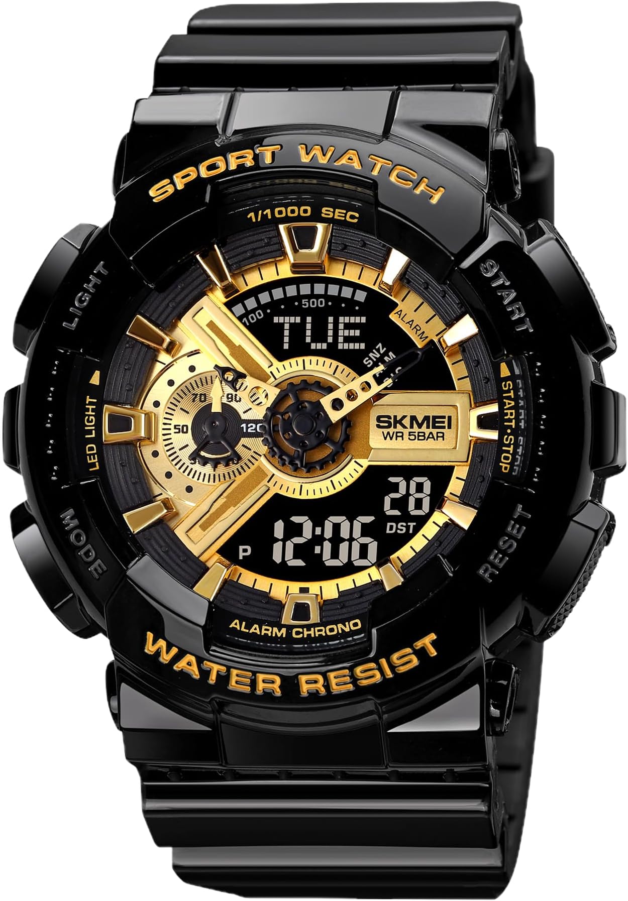 Men's Digital Sports Watch, LED Square Large Face Analog Quartz Wrist Watch with Multi-Time Zone Waterproof Stopwatch - 1834/1835, Balck Gold (Small 43mm Dial)