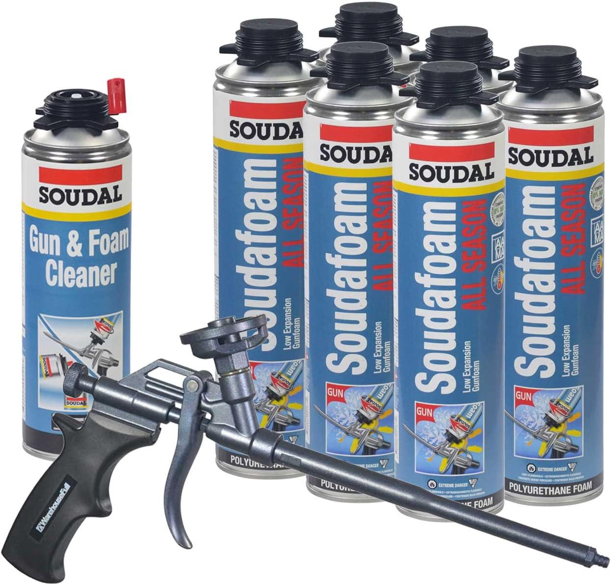 Soudal Kit, 6 Cans All Season Window & Door Foam, AWF Pro Teflon Coated Foam Gun, 1 Gun & Foam Cleaner