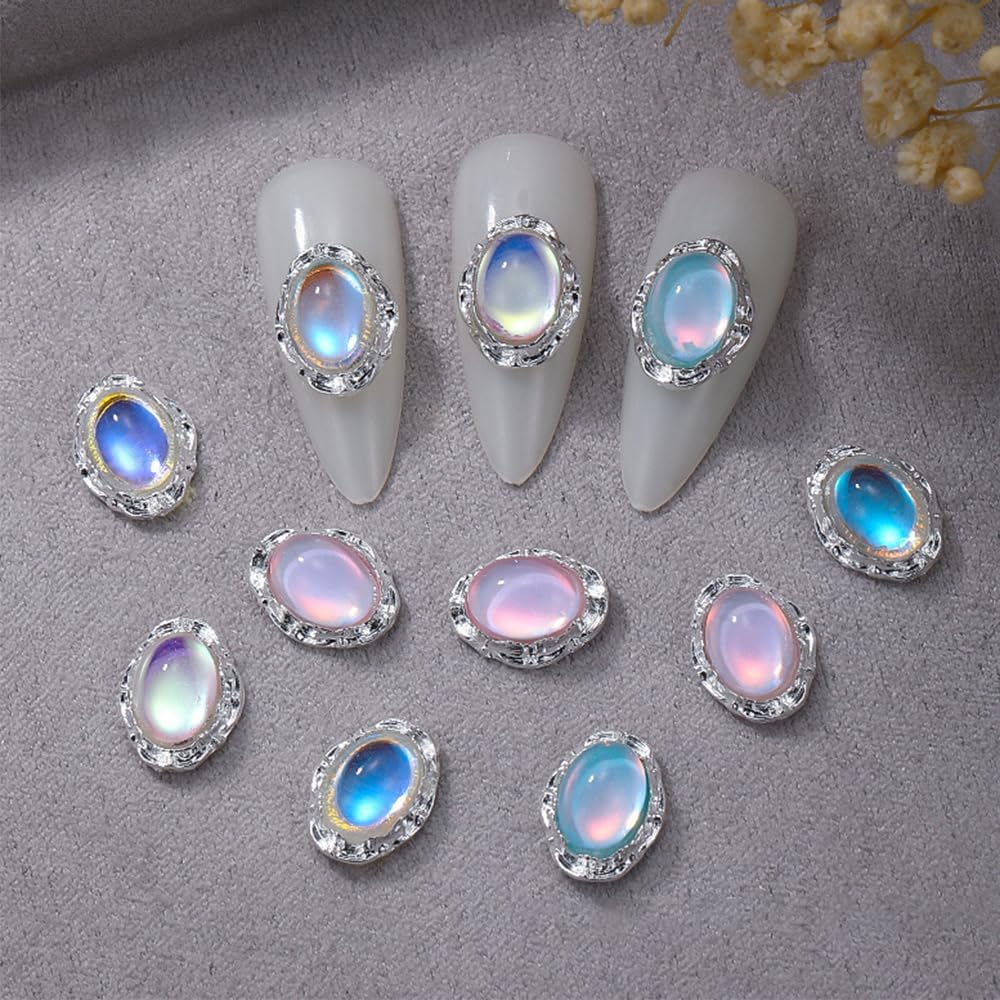 20Pcs 3D Luxury Silver Alloy Oval Rhinestones Nail Charms and Gems Aurora Crystal Oval Nail Art Charms for Nails Design Manicure Decorations Embellishment Crafts Supplies Jewelry Nails Accessories image 4