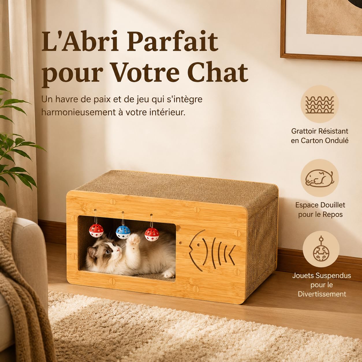 Kratzbaum mit Hausstruktur Robusten Kratzflächen Integriertem Katzenbett Und Dekorativen Öffnungen aus Wellpappe für, Einzelnes TV-Gerät, 55 x 28 x 26 cm
