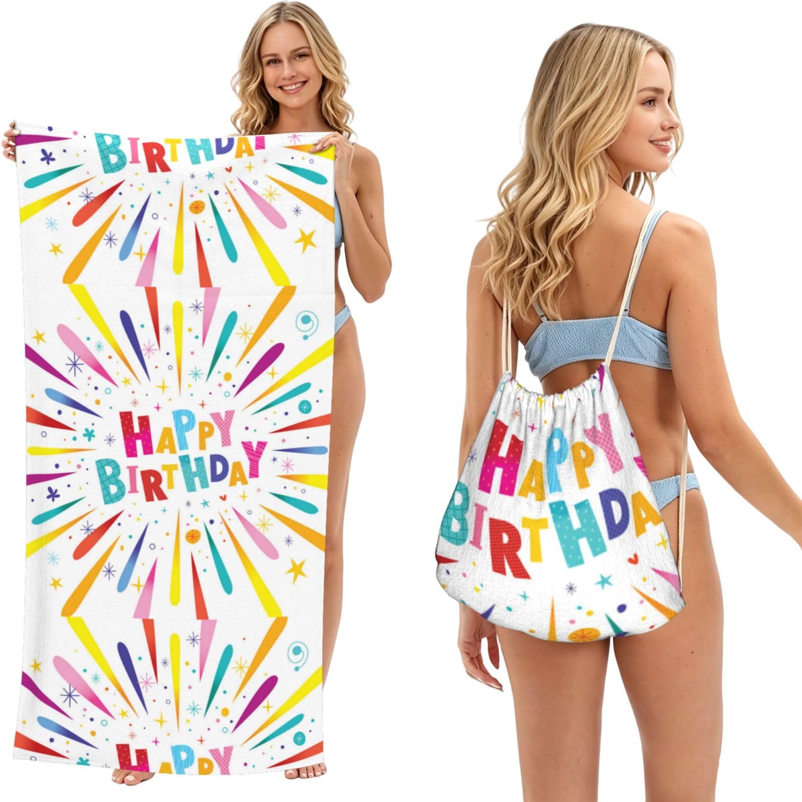 Poadnly As Picture Happy Birthday, 2 In 1 Packable Towel Bag, Beach Towels With Drawstring Backpack For Travel Holiday Camping