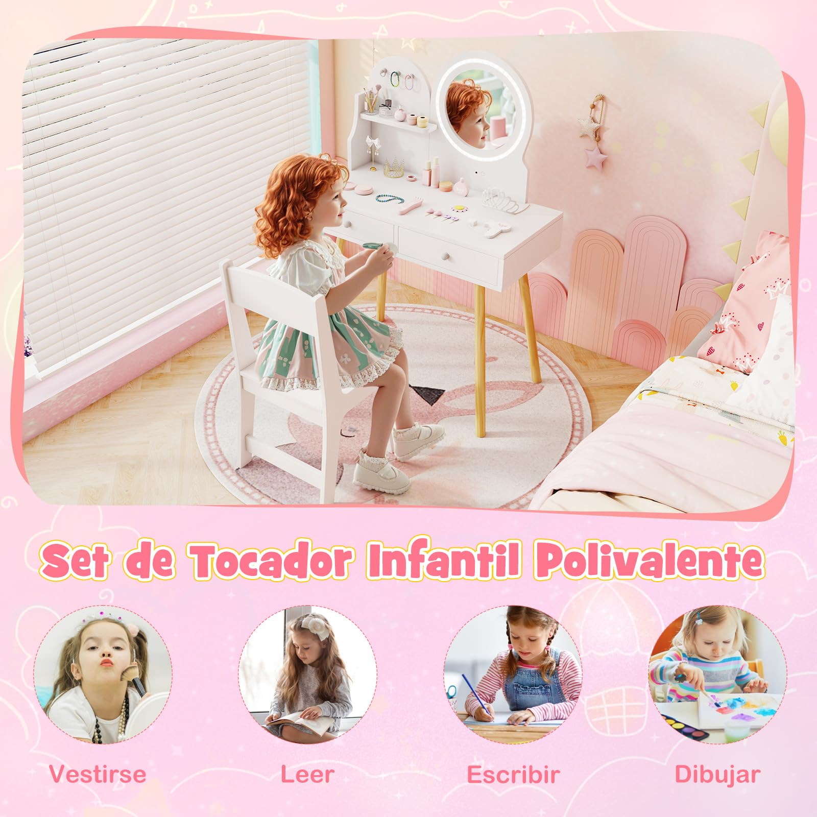 COSTWAY Tocador Niña, Tocador de Maquillaje Niña con Espejo Iluminado, Juego de Mesa y Silla de Princesa con Espejo y Luces, Estante Abierto, Ganchos y Cajones (Blanco)