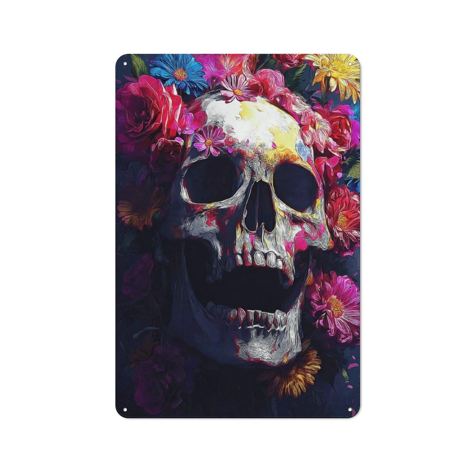 Junmoney Colorful Floral Skull Artwork Shop Front Style Decorative Metal Plaque 30X20cm, Shop Wall Decor For Cafe, Bistro, Bakery Or Restaurant