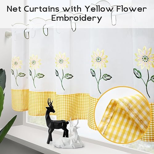 Miniatura 3 de ZHH E-COMMERCE Cenefa de cocina de girasol para ventanas, cenefas bordadas pastorales, decoración de ventana semi-sombreada, cenefa de gasa floral,