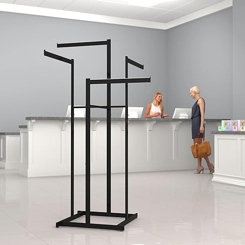 Miniatura 6 de Econoco Estante de ropa de 4 vías. Pantalla de ropa de brazo recto ajustable con tubo rectangular y topes de lengüeta, negro mate