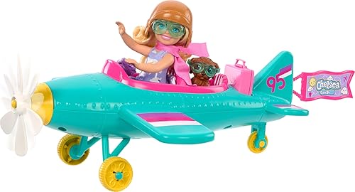 Barbie Chelsea Can Be muñeca y juego de avión, avión de 2 plazas con hélice Daisy giratoria y 7 accesorios, incluye cachorro y pegatinas