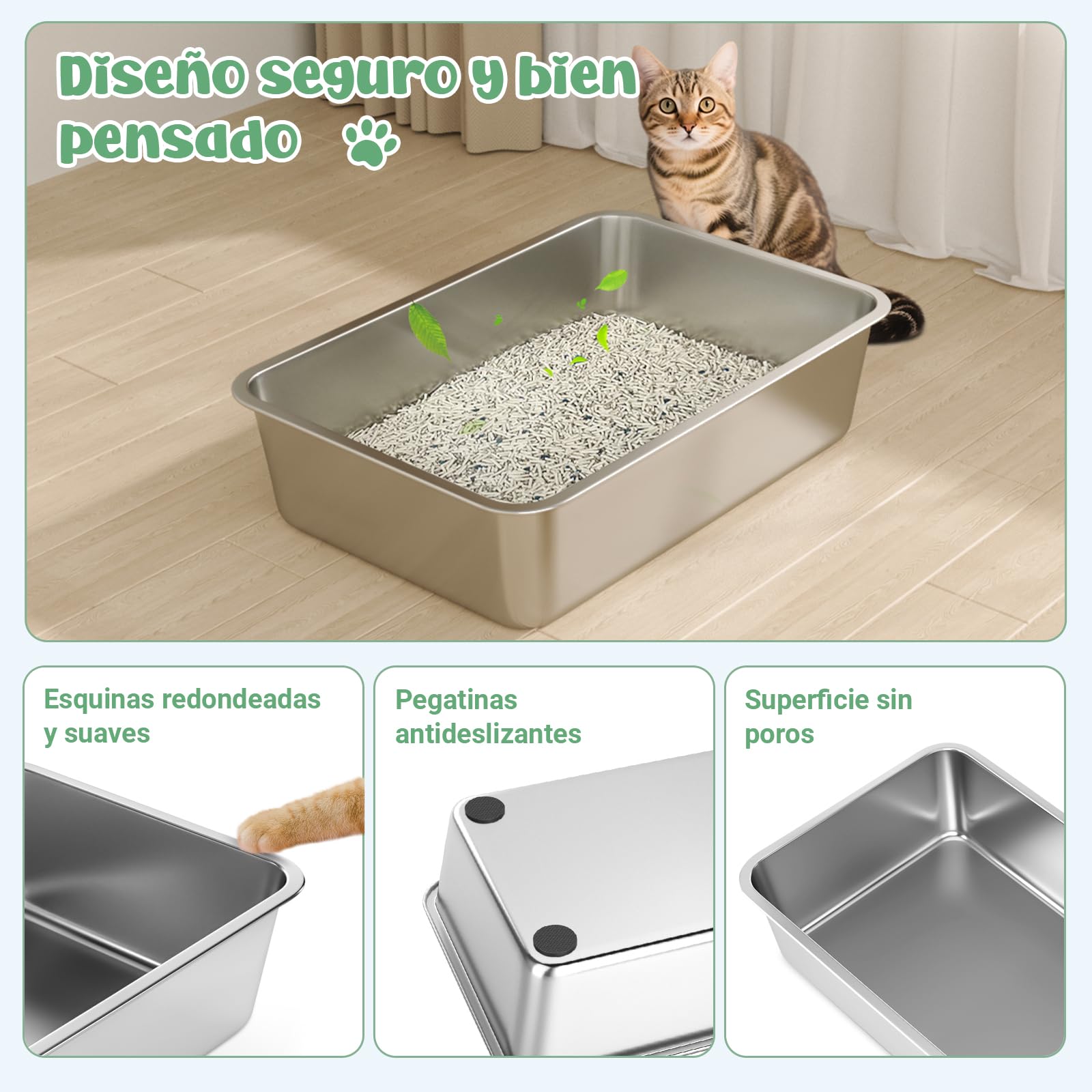 WENBOKMIN Bandeja Sanitaria de Acero Inoxidable para Gatos,50 x 35 x 15 cm | La bandeja sanitaria metálica para gatos tiene una superficie lisa y antiadherente, es fácil de limpiar y de uso duradero.