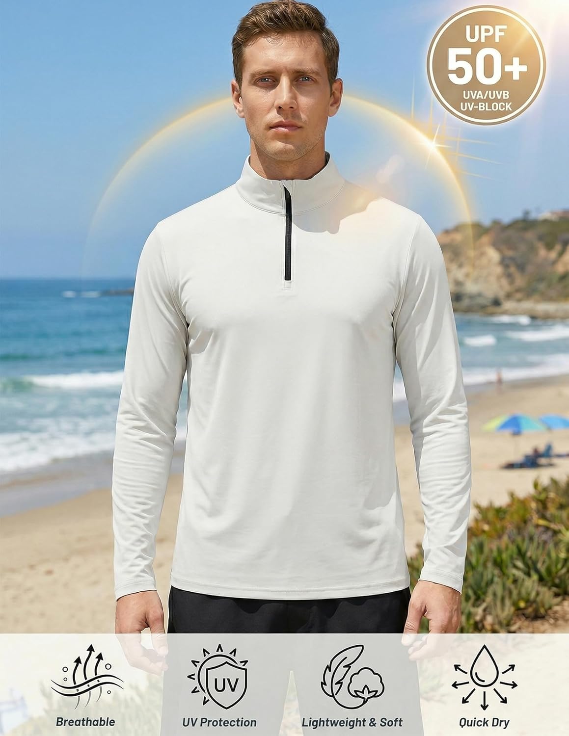 2 Pack Men's 1/4 Zip Long Sleeve Sun Shirts, UPF 50+ UV Protection Quick Dry Rash Guard for Golf Fishing