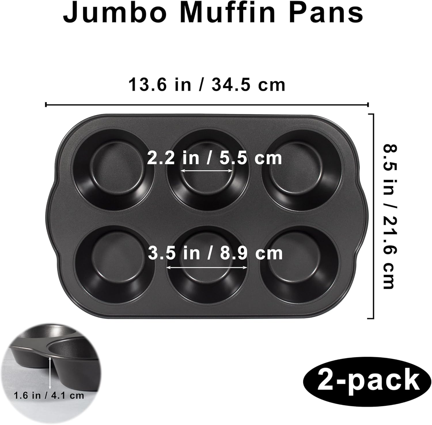 Non-Stick Jumbo Muffin Pans, 3.5" 6-Cup Set of 2 Baking Pans, Heavy Duty Carbon Steel Tins for Extra-large Muffins & Cupcakes - Image 2