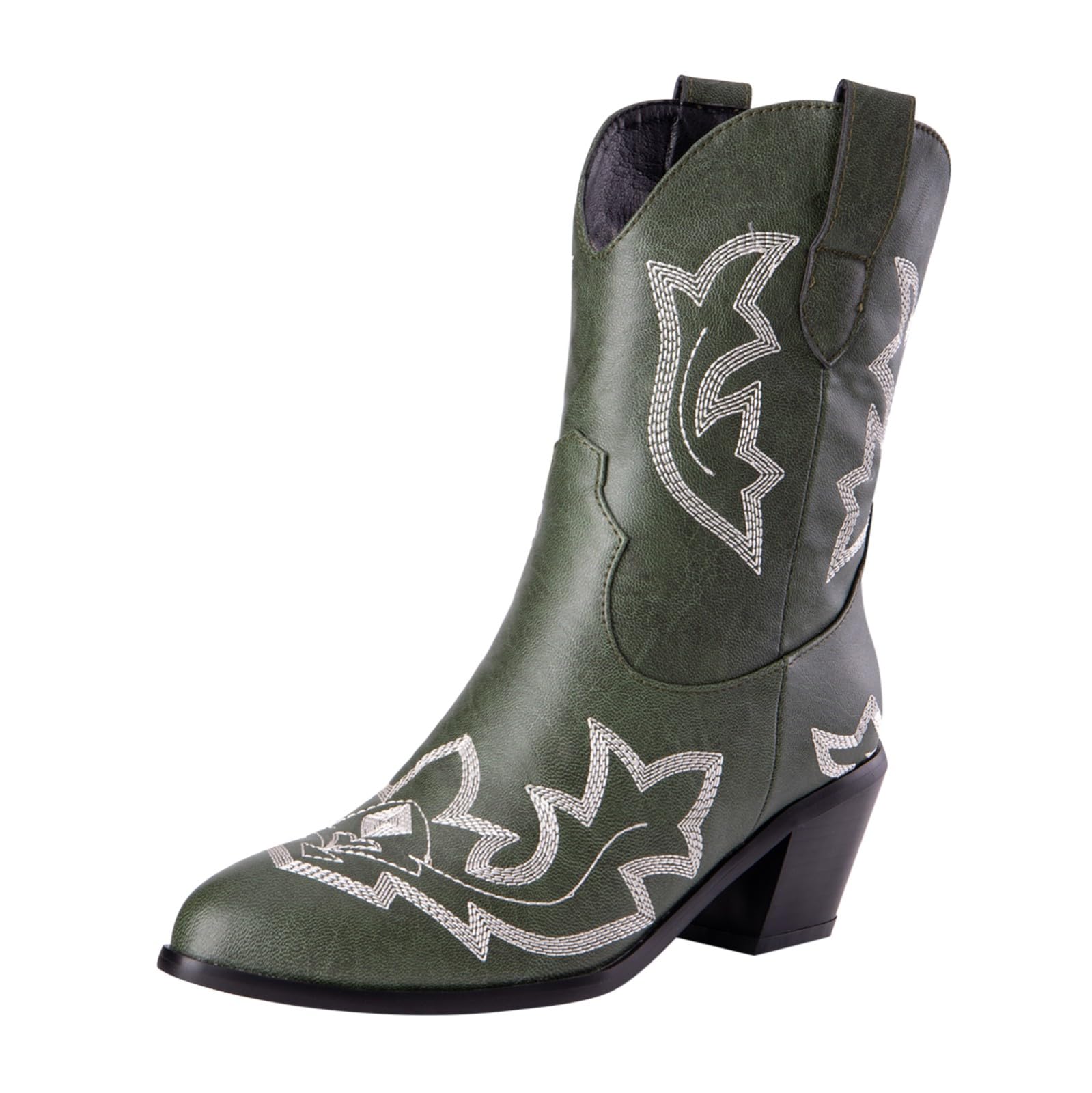 Stivali da cowboy da donna, vestibilità larga, a metà polpaccio, senza lacci, con tacco spesso, casual, eleganti, ricamati in stile western, scarpe da sposa classiche retrò a punta, stile country