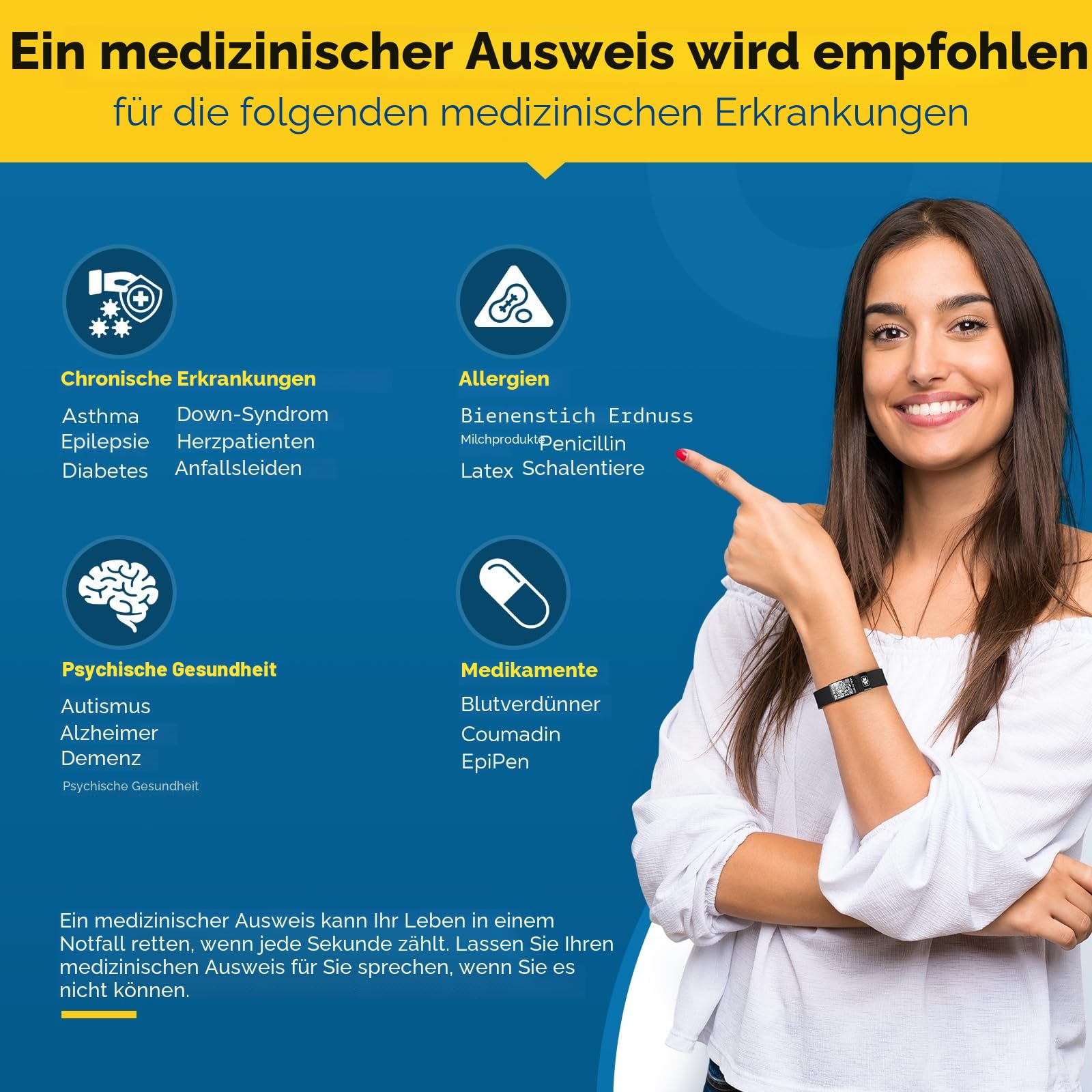 Medizinisches Armband mit QR-Code-Notfall-ID, aus Silikon, wasserdicht, passt bis 22,9 cm Handgelenk, Notfallinfo, mehr Platz, für Sport, Jungen/Mädchen/Damen/Herren