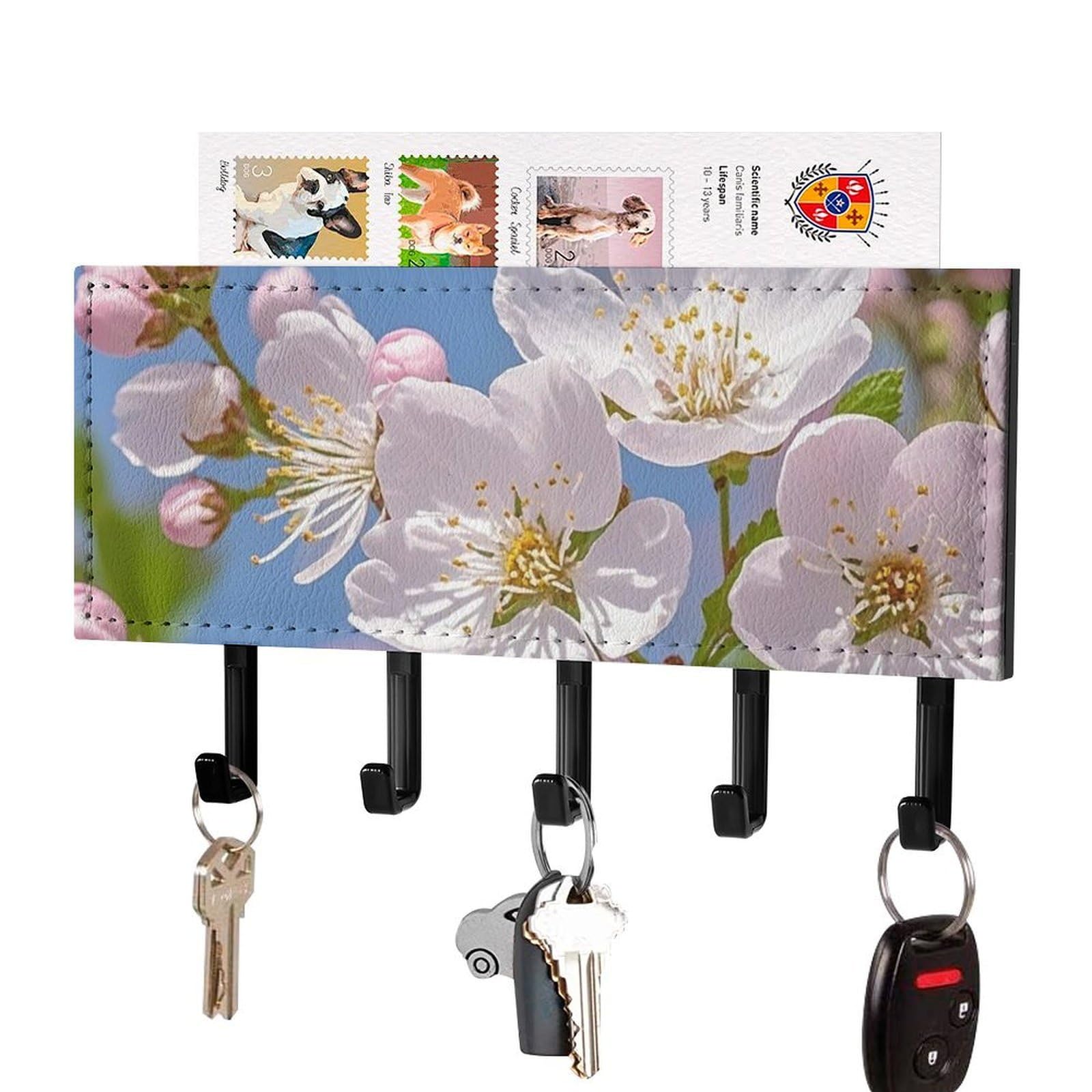 FekiLoot Japanese Cherry Blossom Key Holder Wall Mount Key Hanger with 5 Hooks Decorative Key Rack Hanging Key Hooks with Mail Organizer Key Holder for Wall Living Room Kitchen Bathroom Hallway Black