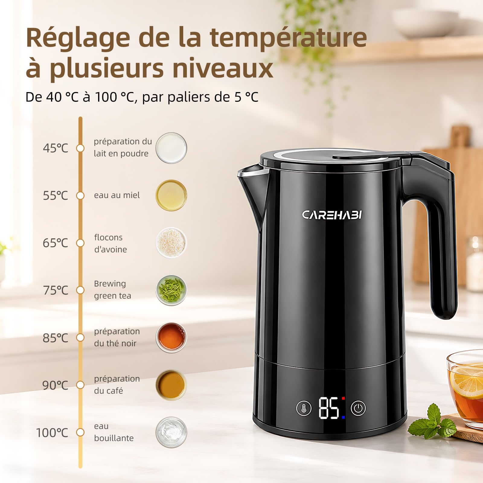 Carehabi Bouilloire Électrique 1,7L 2200W Maintien au Chaud 12H Sans BPA