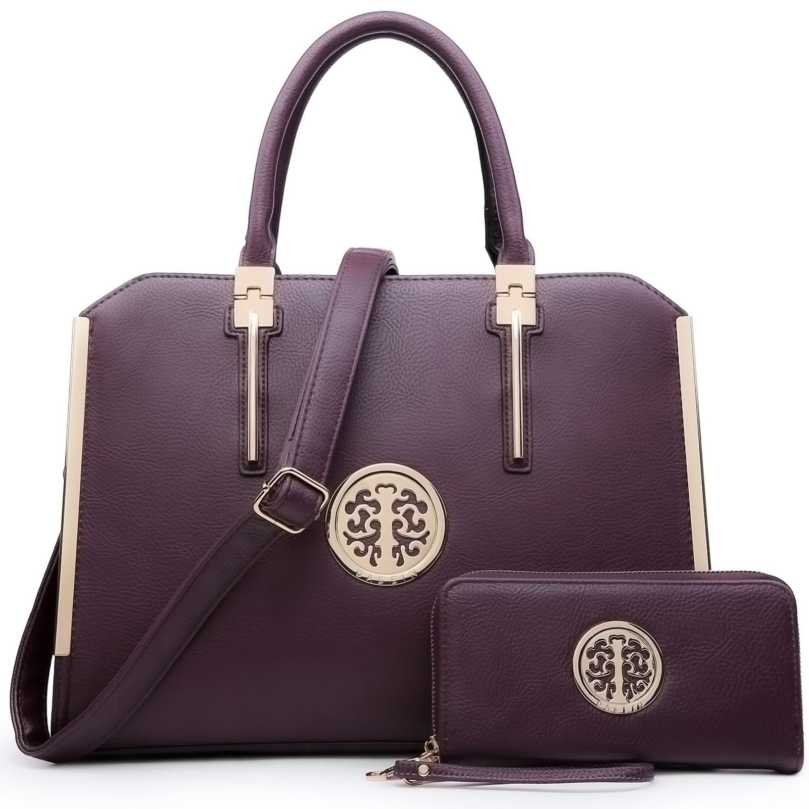 Dasein Women Large Satchel Handbag Shoulder Purse Top handle Work Bag Tote With Matching Wallet (Dark Purple)