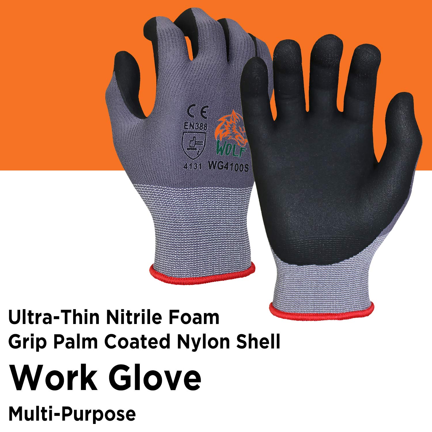 WOLF - Guante de trabajo ultrafino de espuma de nitrilo con revestimiento de palma de nailon, para construcción, jardinería, mecánica, almacén, multiusos, color negro (12, S)