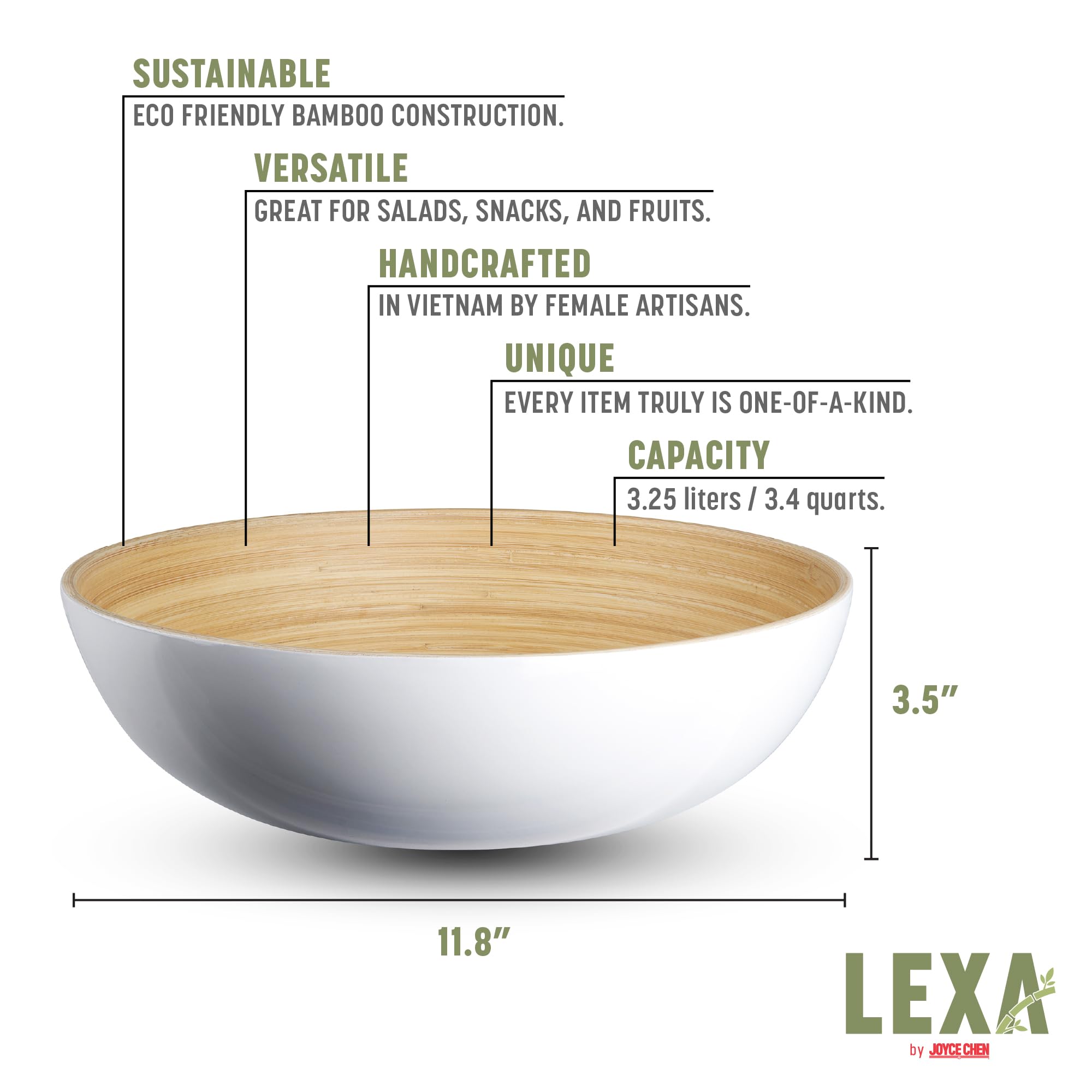 LEXA Bambusowa miska do sałatki, 30 cm, bardzo duża miska do serwowania, lekka miska na popcorn lub miska na chipsy na imprezę, ręcznie robione miski do sałatek, duża porcja (ceramiczna biel)