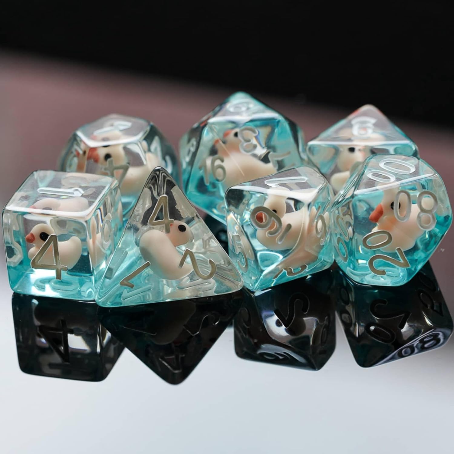 Cusdie 7-Die DND Dice, Polyhedral Dice Set Filled with Animal, for Role Playing Game D&D Dice（Pink Duck w/White Numbers）