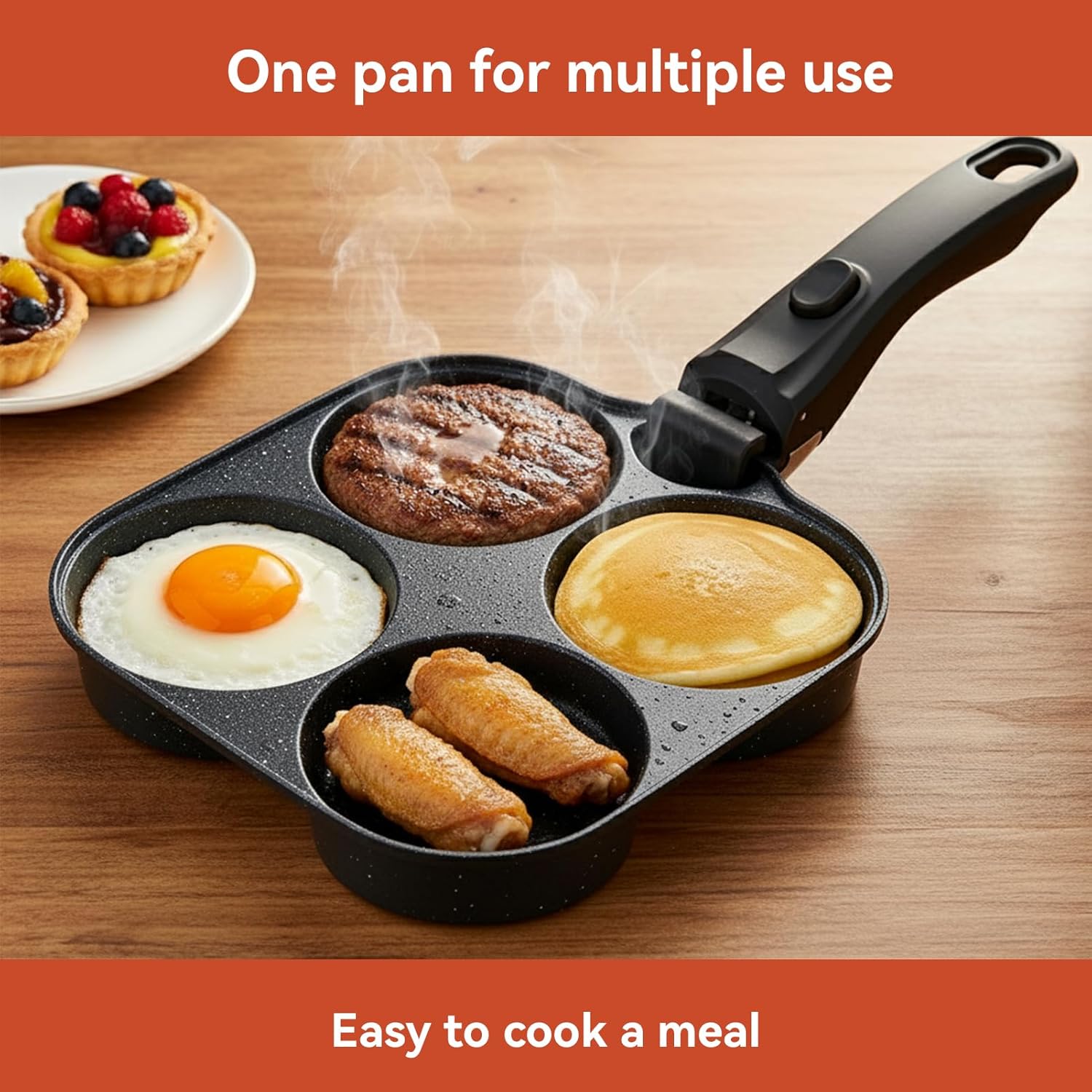 4-Cup Egg Pan Nonstick, Aluminum Omelette Pan with Detachable Handle, Fast Heating Breakfast Omelette Skillet for Fried Eggs Cooker, Pancakes, Suitable for Gas Stove & Induction Cookware