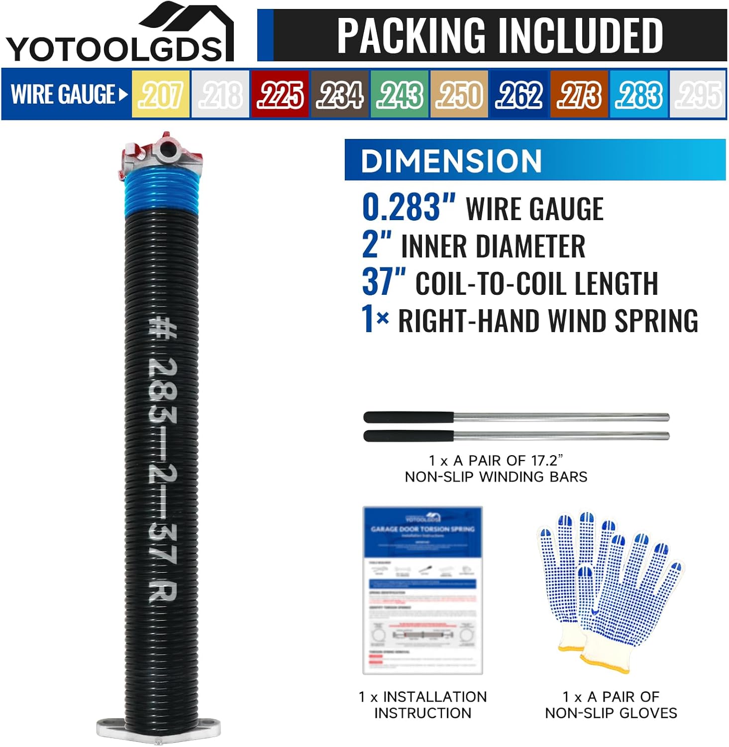 Right Hand Wind?Red Cone?2" Garage Door Torsion Spring with Non-Slip Winding Bars & Gloves, High Precision Electrophoresis Black Coated, for Replacement, MIN 16,000 Cycles (0.283x2''x37'') 0.283X2"X37"-R