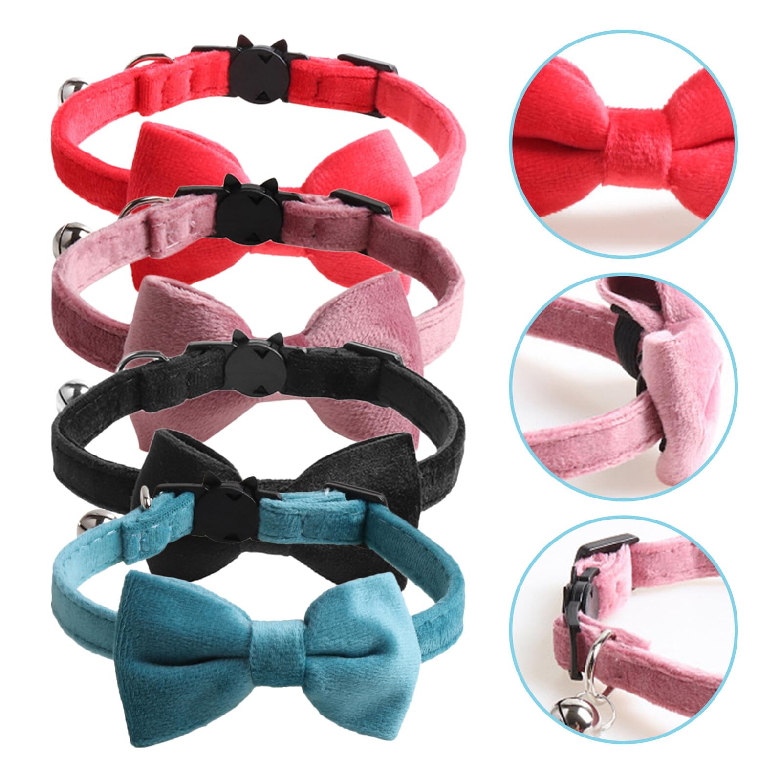 Hohopeti 4 Stück Teiliges Samt-katzenhalsband mit Glöckchen und Abnehmbarem Schleifen-Bowtie Verstellbar Sicherer Breakaway-Verschluss Wachstumsadaptiv Festlich für Kätzchen und Katzen für