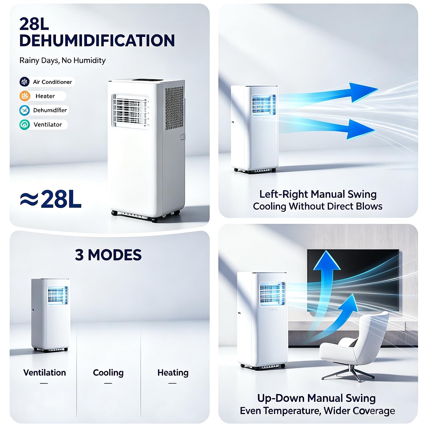 Climatiseur Portable combinant Refroidissement, Chauffage, déshumidification et Ventilation. Équipé d'une minuterie de 24 Heures, de Fonction d'oscillation à 120° 14000BTU-Cold