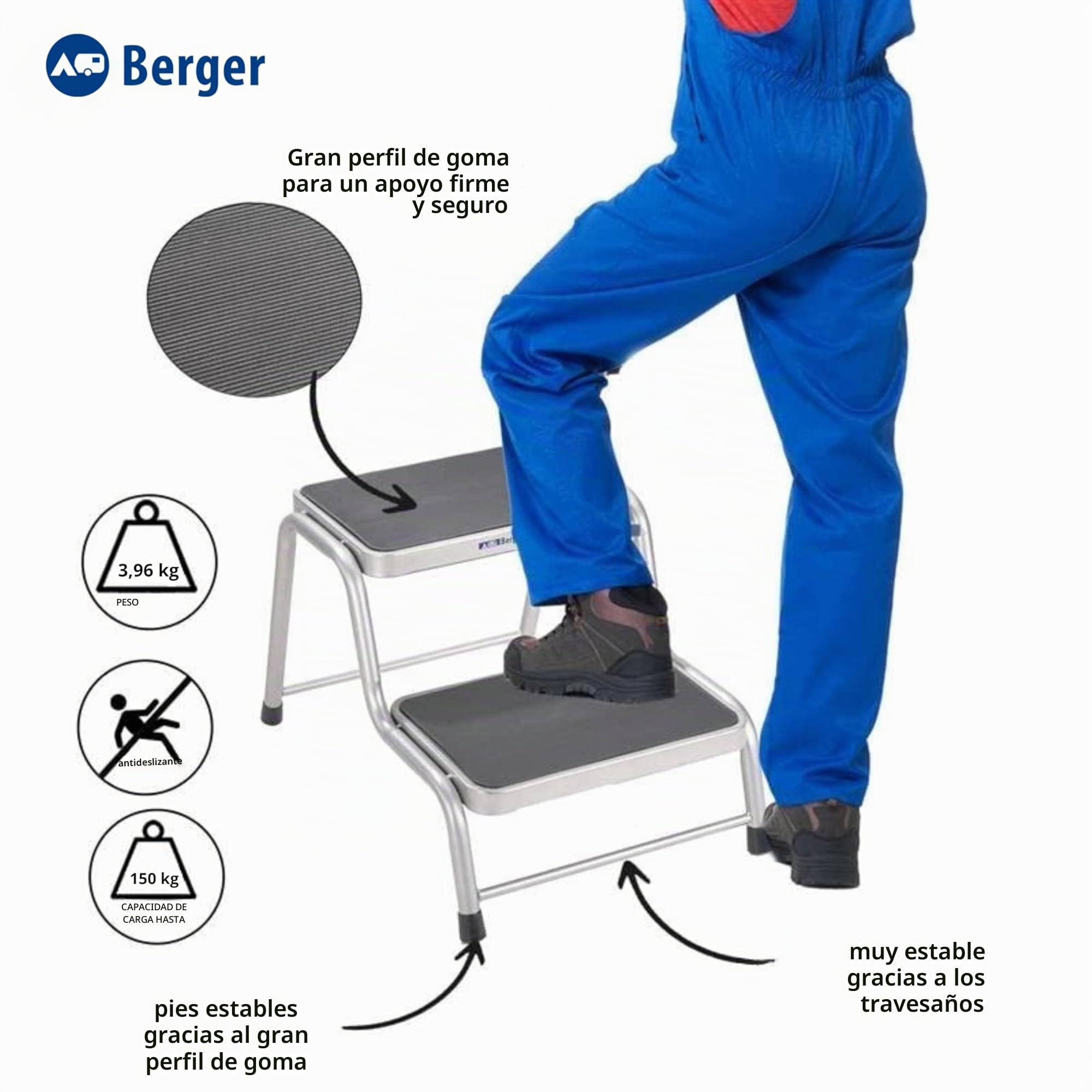 BERGER | Escalera Dos peldaños, Taburete 2 peldaños para Caravana, Peldaño Caravana, Escalon Autocaravana y Caravana, Taburete de Acero Plata/Negro escalón Antideslizante y Resistente