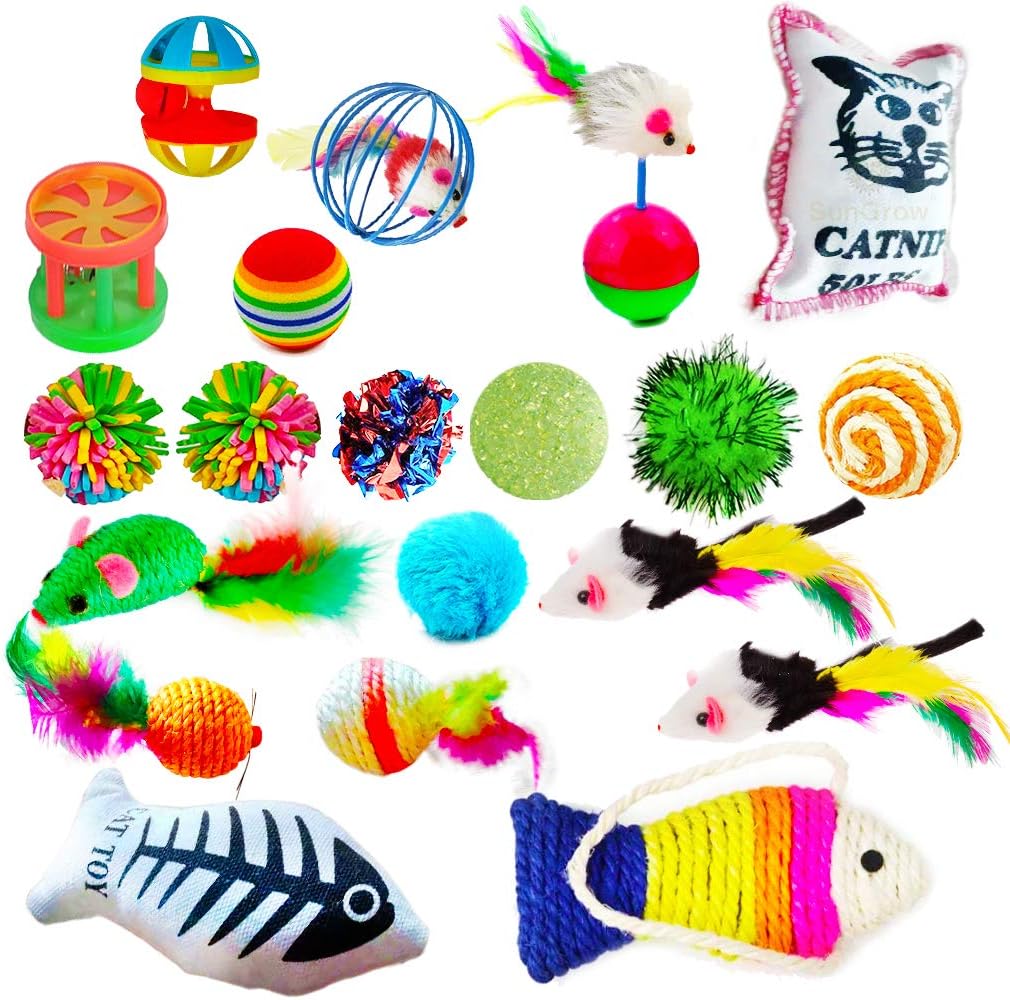 SunGrow Cat Toy Variety Pack, Activity Set of Mylar Balls, Chew Toys, Catnip Pouches, Play Mice and Bells, Assorted Colors and Sizes,…