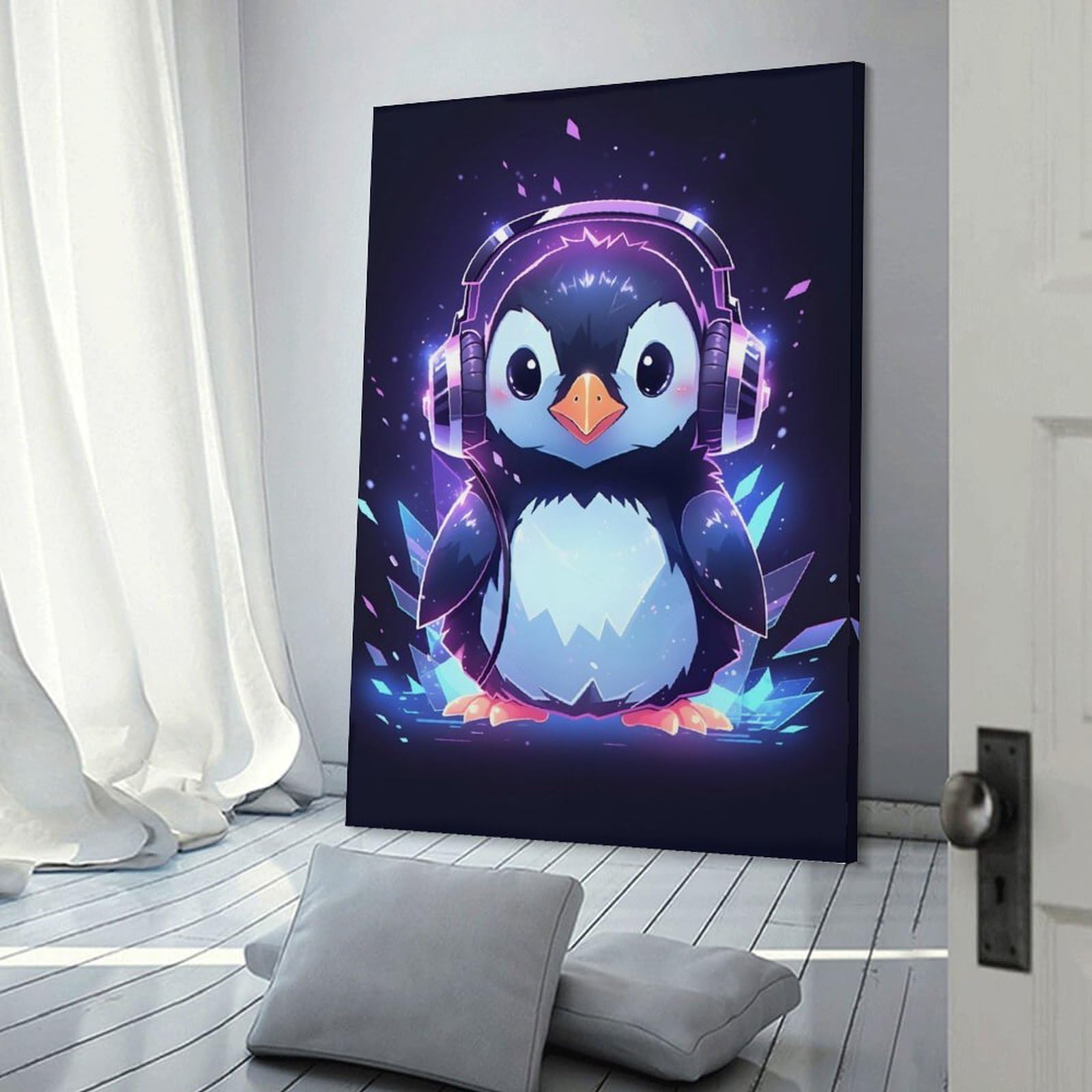 Junmoney Frame-Ice Penguin Headphones Ice Penguin Headphones Hanging Wall Art 24X36inch(60X90cm), For Lounge, Bedroom Or Personal Spaces, Home Decor Gift With Stylish Appeal