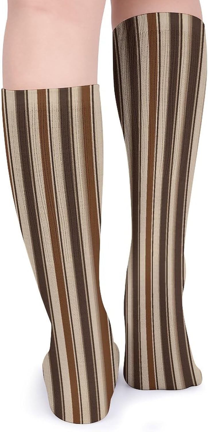 Brown Stripe Crew Socks Cozy Casual Calf Socks Lightweight Long Work Sock Breathable Athletic Sock for Hiking Sports Running 5 Pairs