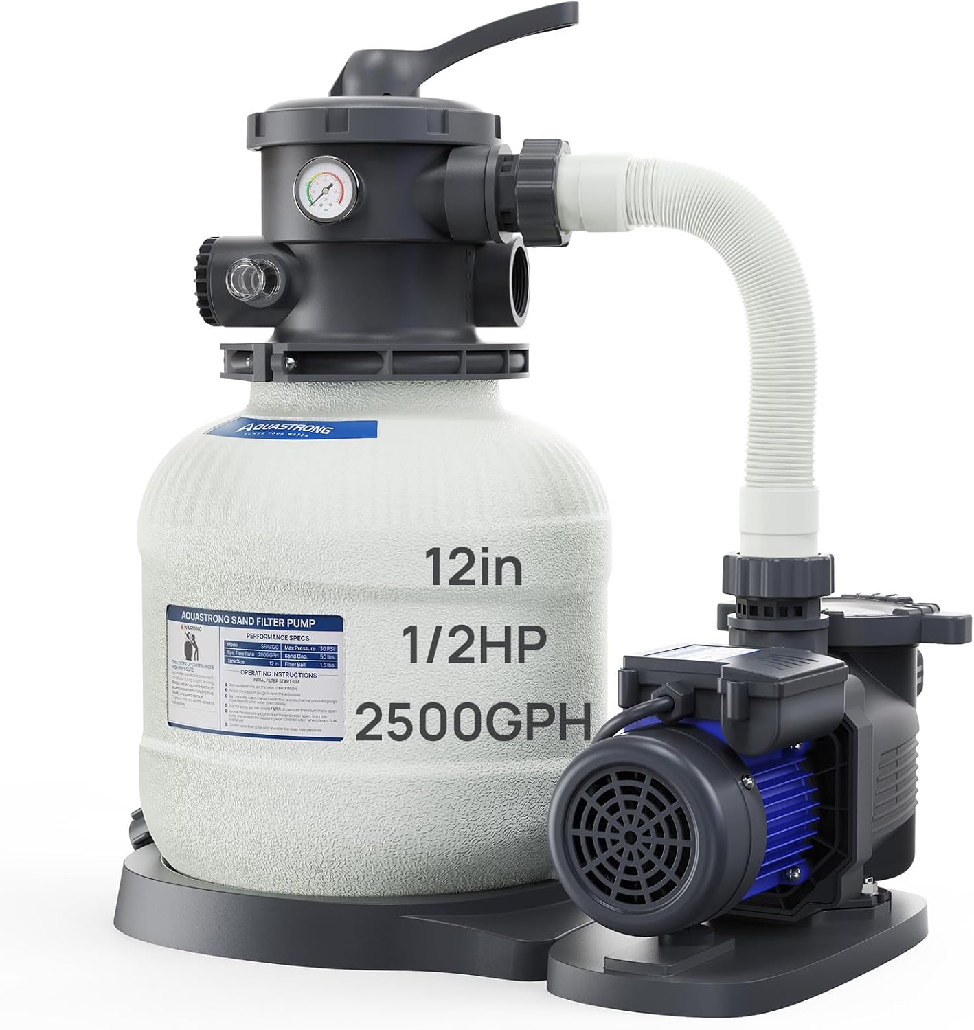 AQUASTRONG Sand Filter Pump for Above Ground Pool, Pool Pumps Above Ground with Timer, Pool Sand Filter with 6-Way Valve,Improved Circulation and Filtration,12in, up to 9000 Gallons