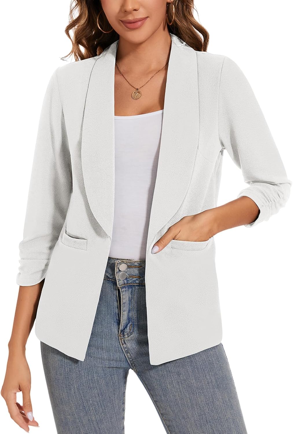 Women Casual Shawl Lapel Work Blazer Ruched 3/4 Sleeve Open Front Business Office Suit Jackets with Pockets