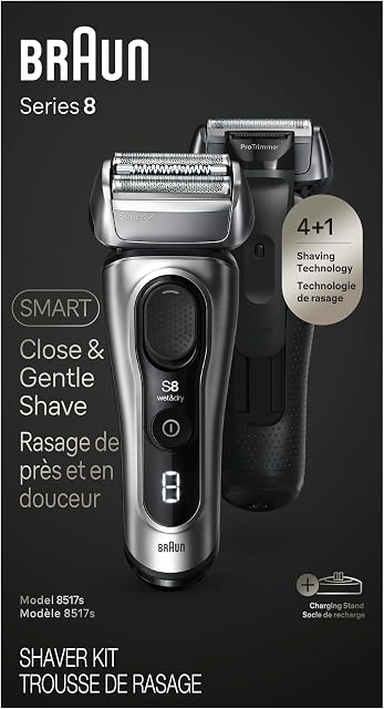 Braun Series 8 Electric Shaver for Men with Precision Long Hair Trimmer, Wet and Dry Electric Razor with Charging Stand and Travel Case, 8517s Galvano Silver
