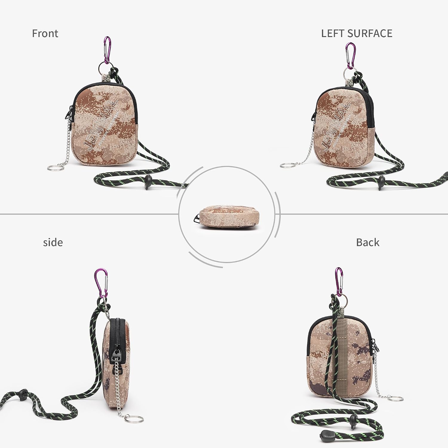 JEMINAL Nylon Double Zipper Coin Wallet with Belt Loop & Detachable Lanyard, Lightweight Coin Pouch for Keys Cards Coins, Desert Camo