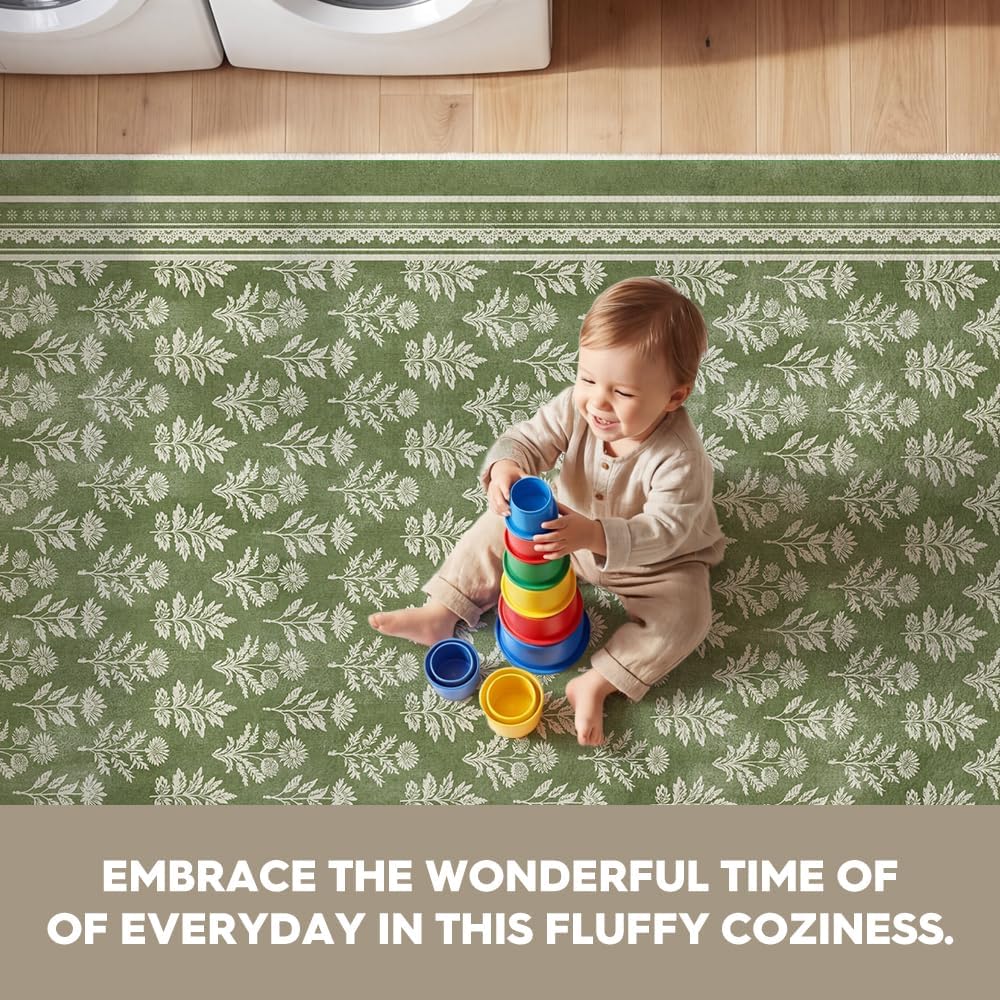 Artoid Mode Green Rustic Floral Spring Area Rug, Summer Home Decor Low-Profile Non-Slip Washable Large Rug for Living Room Bedroom Farmhouse Dining Room Kids Playroom 5x7 Feet