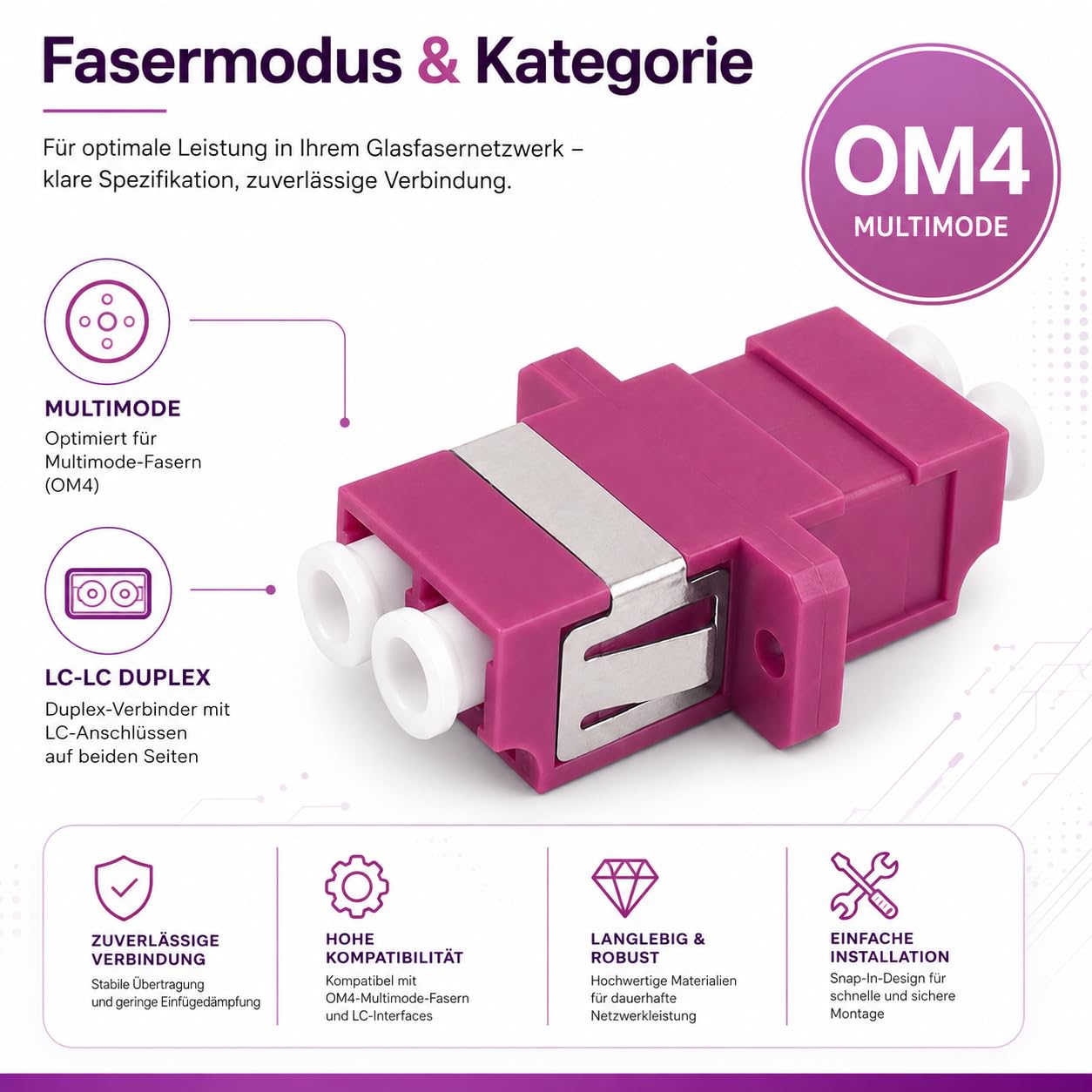 3 connettori Keystone fibra ottica OM4 LC Duplex femmina multimodale viola