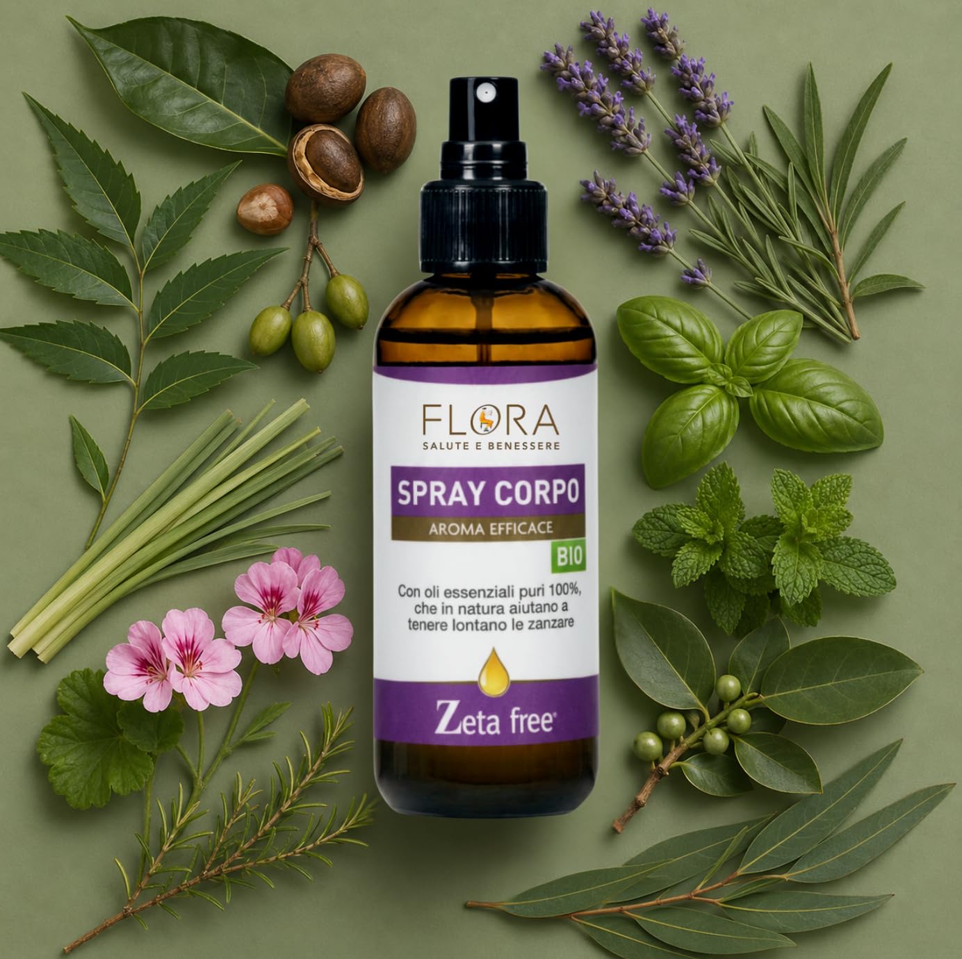 FLORA Spray Corpo, pack da 2 Pz da 100 ml, Zeta free BIO-COSMOS Per un’estate serena liberi dalle zanzare Azione protettiva e rinfrescante