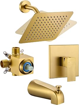 Brushed Gold Shower Faucet Set - Gold Tub and Shower Faucets Set with 8-Inch Rain Shower Head and Tub Spout, Single-Handle Bathtub and Shower Trim Kit Valve Included