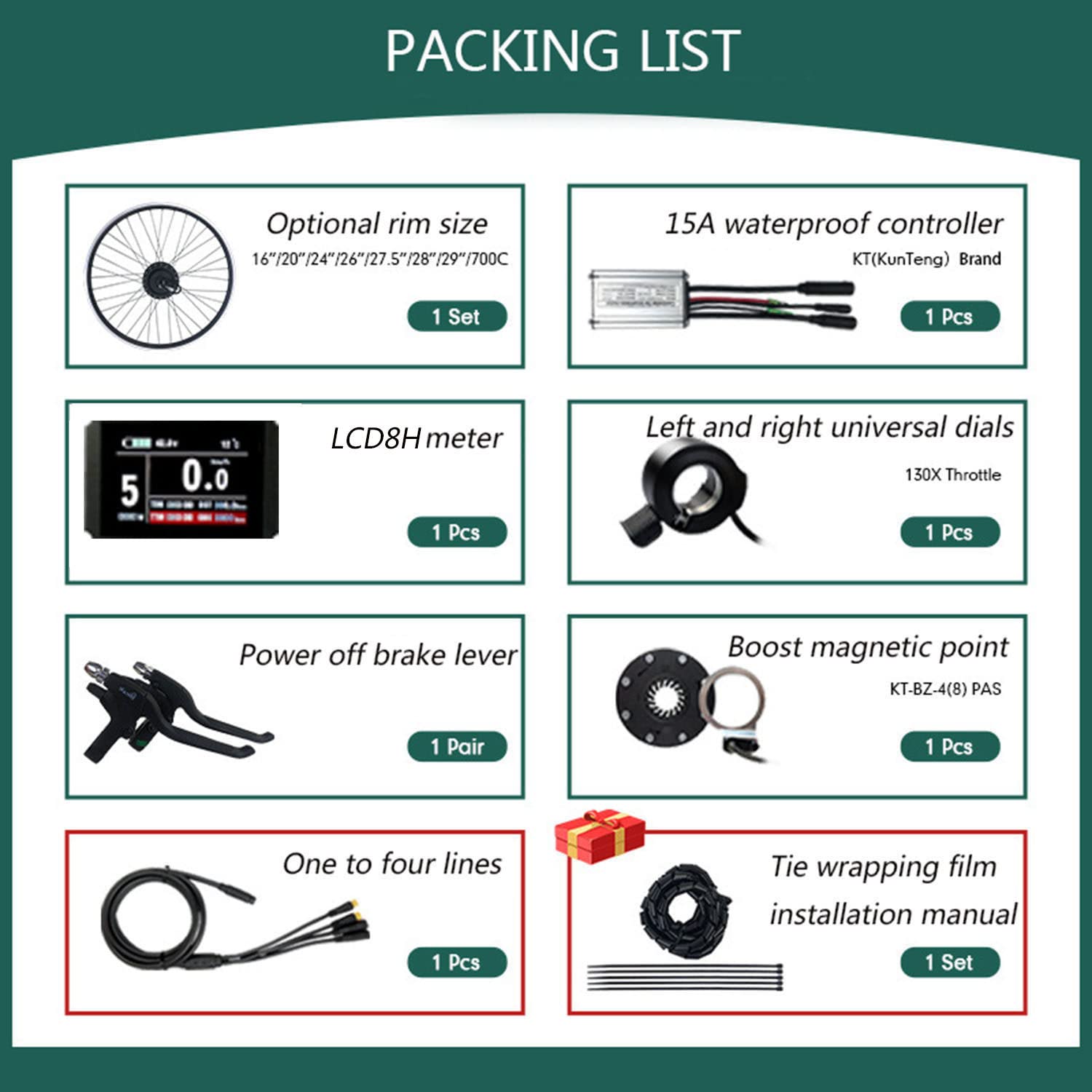 Kit de conversion pour vélo électrique avec moteur de moyeu 36 V 250 W, compatible avec les roues avant de 20", 24", 26", 27,5", 28", 29" et 700C. Kit complet pour vélo électrique, 26 pouces.
