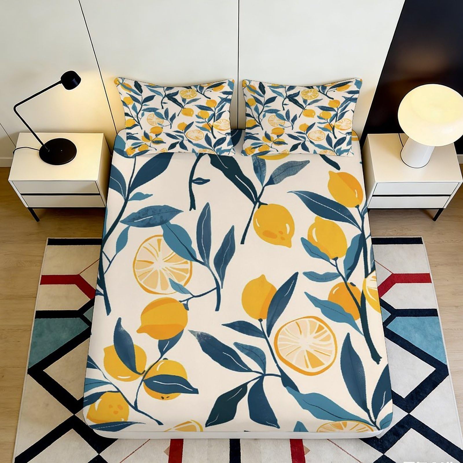 3D Printed Lemon Leaf Fitted Sheet Microfiber Deep Pocket Non-Slip Bedding Set Lemon Pattern Mattress Fitted Cover All Ages Home 200x200x25cm
