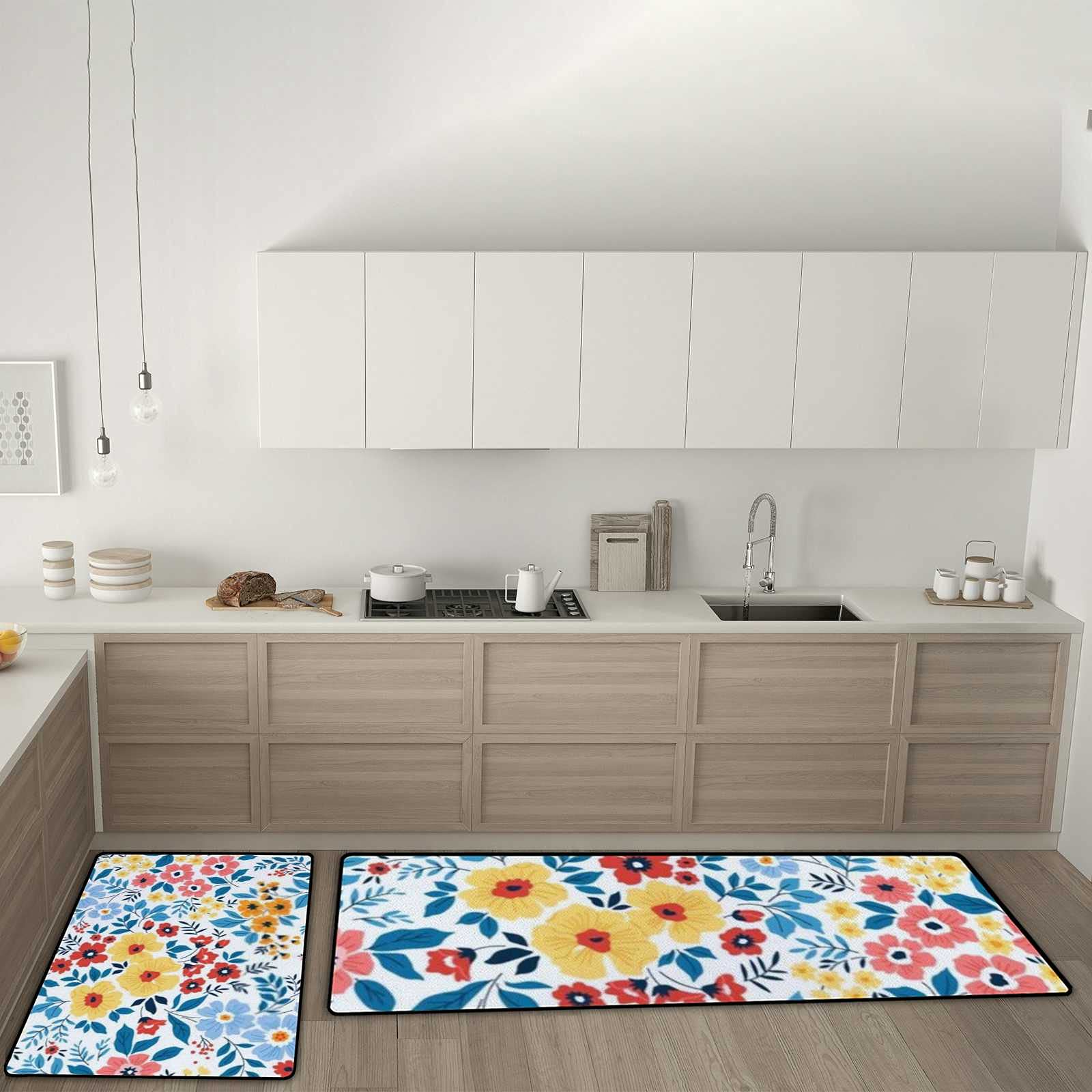 Kitchen Rugs and Mats Set of 2 Pieces Anti Fatigue Standing Mat Multicolor Floral Blue Leaves Summer Spring Non Slip Washable Comfort Flooring Carpet Runner for Kitchen Home