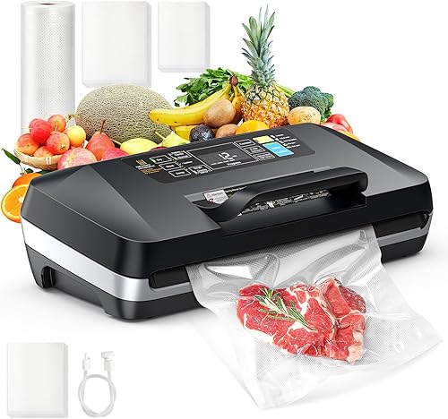 95KPa Vacuum Sealer Machine for food,Full Automatic with Double 12mm Heat Seal, 10in 1 Modes, Built in Cutter & Bag Storage, Includes 1 Roll and 10pcs Pre cut Bags