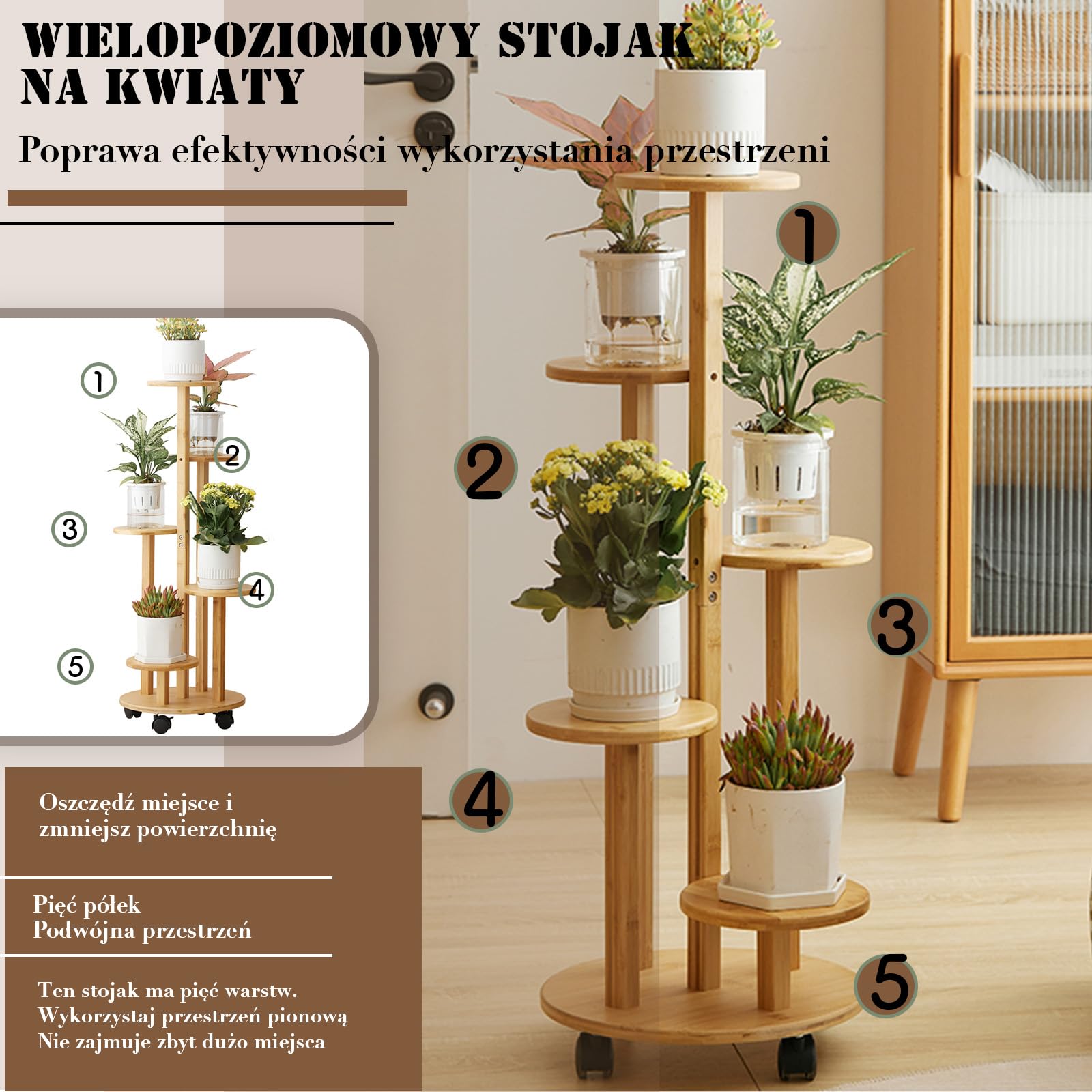 Stojak na kwiaty z bambusa, z rolkami, 5 poziomów, stojak na rośliny, 90 cm, regał narożny z drewna, regał na rośliny, do użytku na zewnątrz, podwozie Ø 33 cm (kolor drewna)