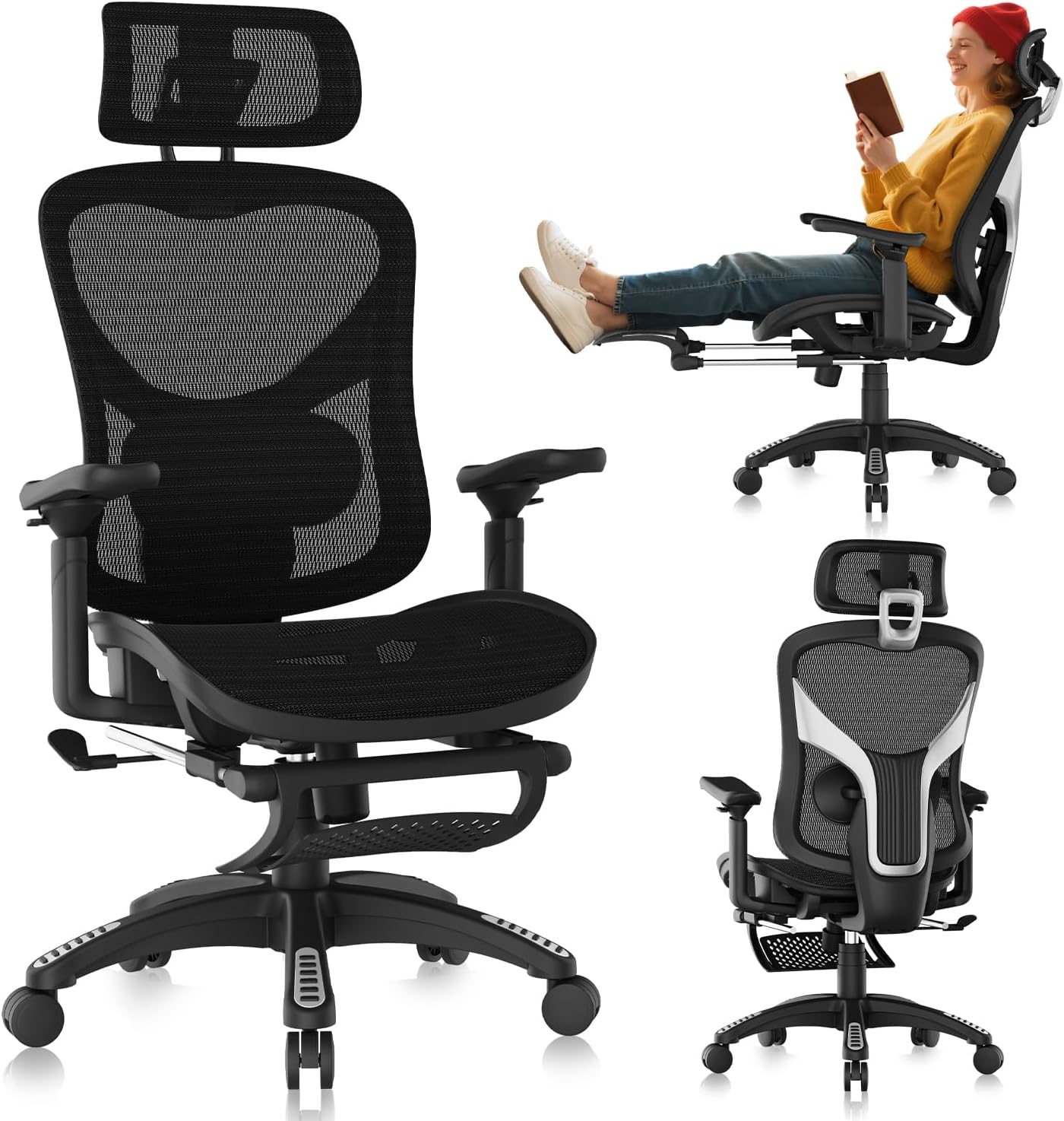 Ergonomic Office Chair, Mesh Desk Chair with Footrest, 3D Armrest – 215° Rotation, Adjustable Lumbar Support & Headrest, 90°-120° Tilt Lock, Big and Tall Computer Gaming Chairs, Black