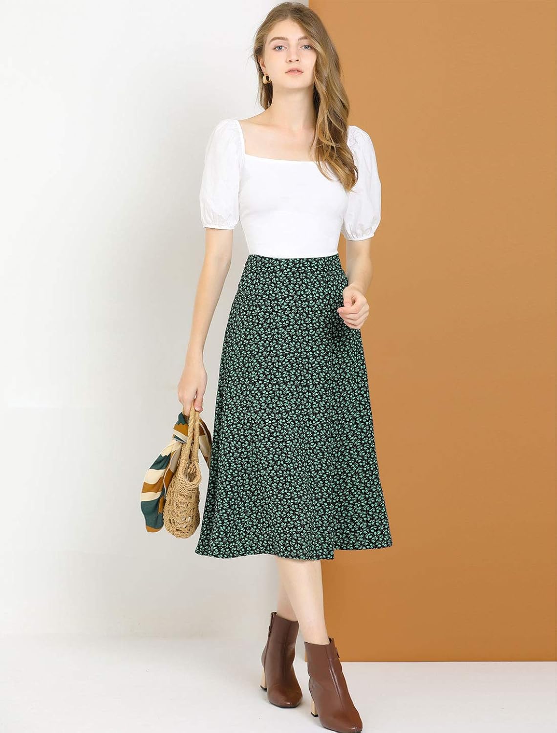 Green Floral Chiffon Midi Skirt with Elastic Waist